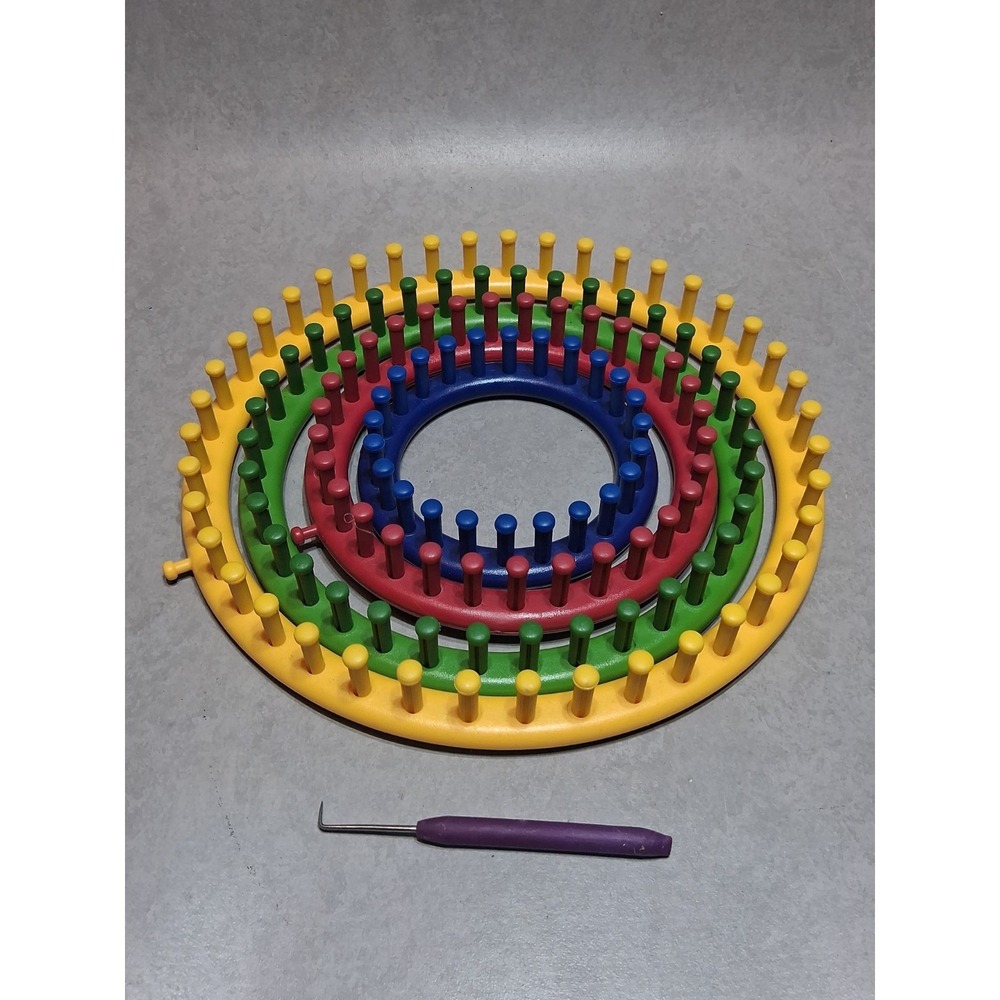 KNIFTY KNITTERS Set of 4 Round Loom Crafting Sewing Knitting w/Hook Fabric Craft